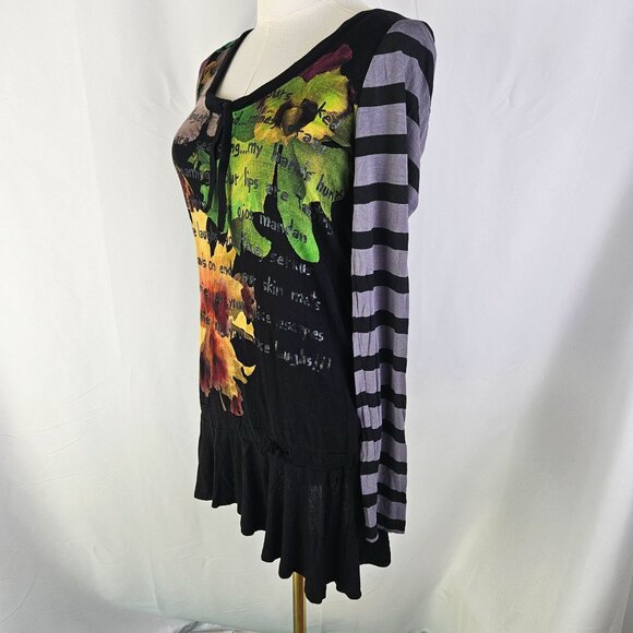 Desigual Damen Black Floral Stripe Tunic Top Sz Medium Asymmetric Hem - Picture 3 of 16